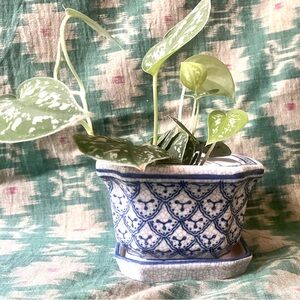 Vintage Blue & White Chinoiserie Octagon Ceramic Planter + Saucer